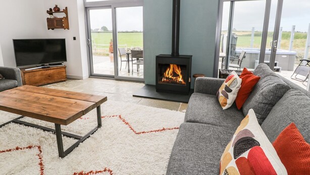 Un salon moderne avec une cheminée, un téléviseur et un canapé agrémenté de coussins décoratifs.