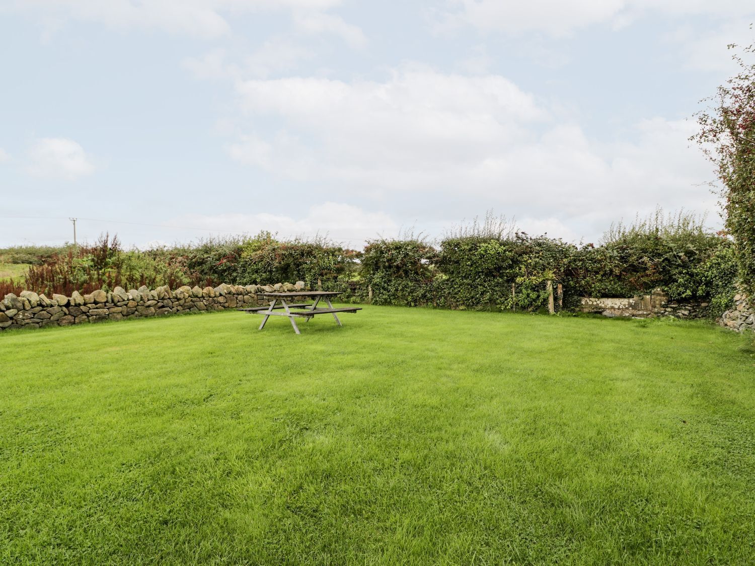 A grassy outdoor area with a stone wall and a wooden picnic table.
