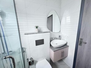 Secadora de cabello, bidet, toallas, papel de baño 