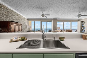 Fridge, microwave, oven, stovetop - The Funky Monkey • Modern Gulf-Front 3BR/3BA • Hidden Dunes (PCB)