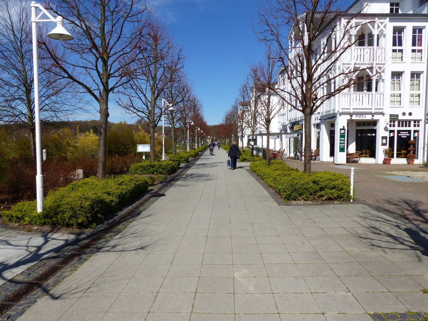 A paved walkway lined with trees and buildings, including a pizza restaurant.