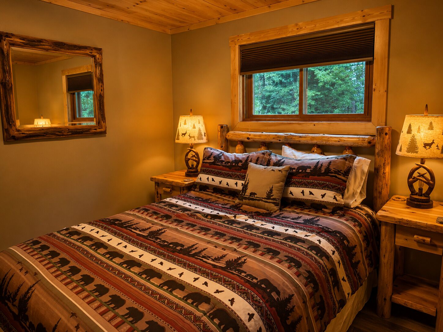 A bedroom with a wooden headboard, a large bed with patterned bedding, two bedside lamps, and a window with blinds.