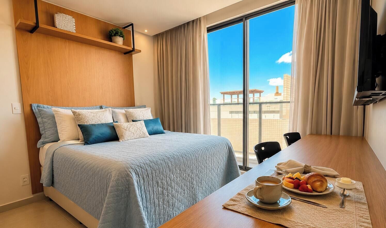 Una habitación de hotel con cama, una mesa de comedor con desayuno y un ventanal con vistas.