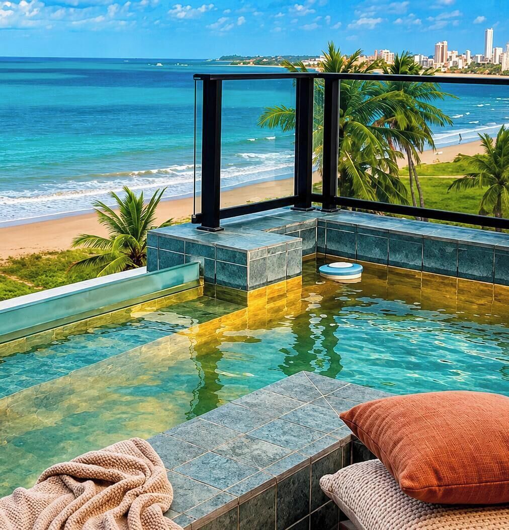 A infinity pool with a view of the beach and ocean.