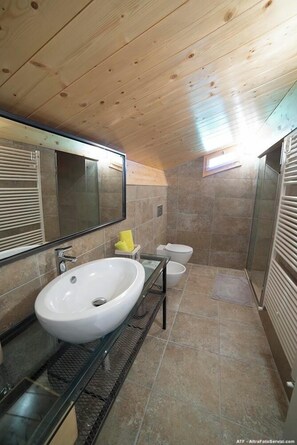 Suite, vista a la colina | Baño | Regadera, secadora de cabello, toallas, jabón 