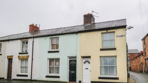 A row of terraced houses with pastel-colored facades, a visible street sign, and a wet pavement indicating recent rain. - 6 Church Lane (Llanidloes)