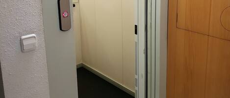 An elevator with a metallic door, a control panel with a red button, and a wooden door adjacent to it.