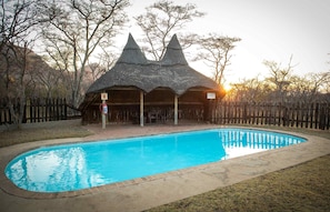 A swimming pool with a thatched-roof structure in the background.