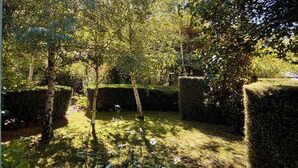 Un jardin avec des haies soigneusement taillées, une variété d’arbres et un ciel dégagé.