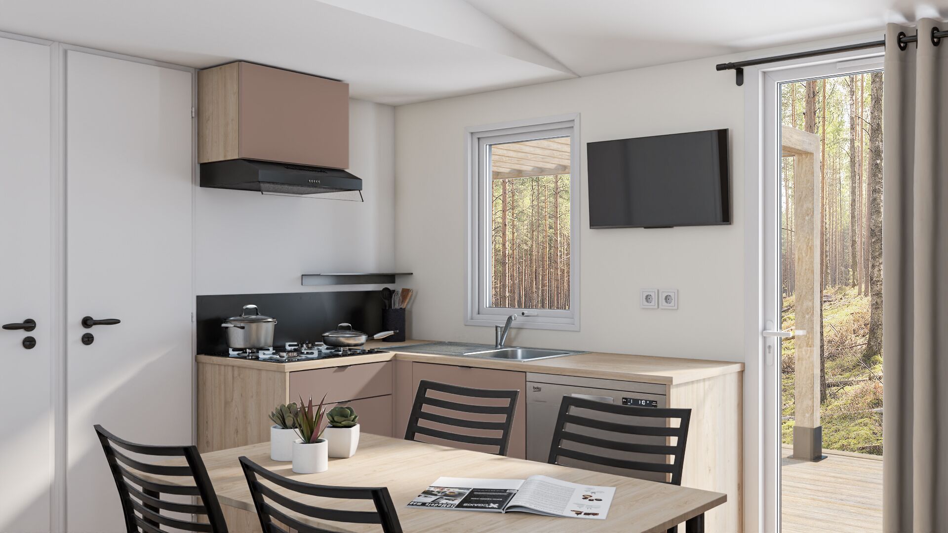 Bungalow Confort, vue jardin | Cuisine privée | Grand réfrigérateur, micro-ondes, four, plaque de cuisson