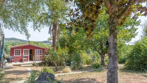 A red house with a porch, surrounded by trees and a garden.