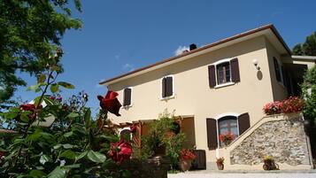 A two-story building with a stone staircase leading to the entrance, surrounded by lush greenery and red flowers.