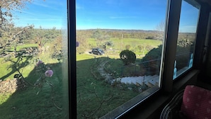 Une pièce dotée d’une grande fenêtre donnant sur un paysage verdoyant, avec des arbres et une colline au loin.