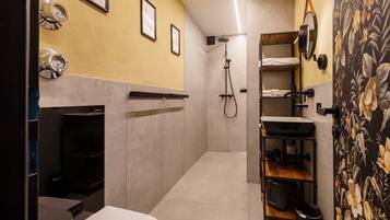 Shower, hair dryer, towels