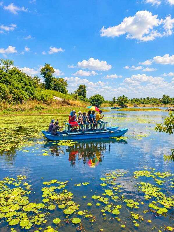 Un bateau transportant des passagers sur une étendue d’eau calme, entourée de verdure et d’arbres.
