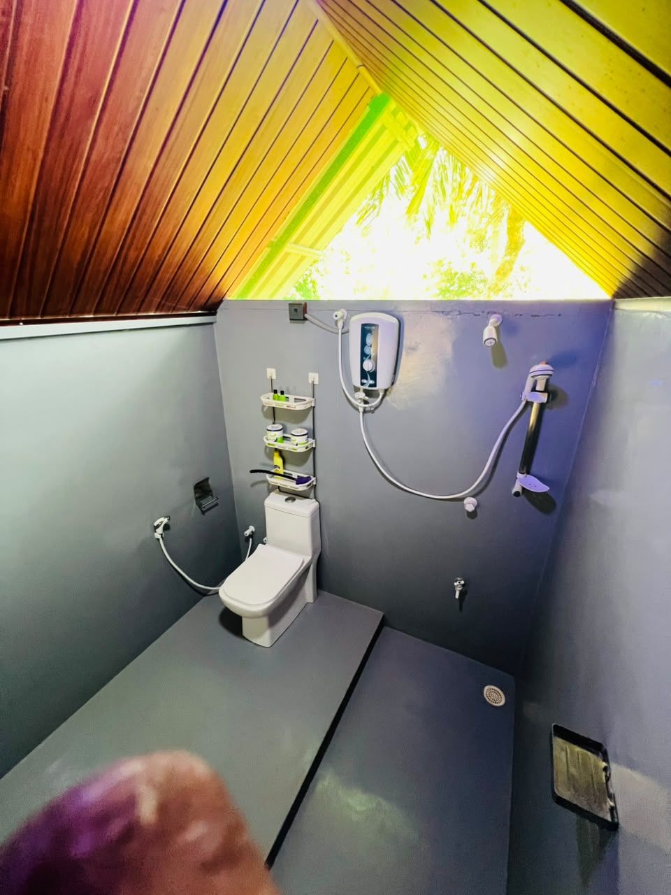 Ein kleines Badezimmer mit Toilette, Dusche und Waschbecken.