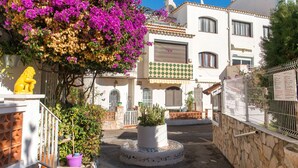 A courtyard with a fountain, potted plants, and a statue. - WELCS APARTMENT 367 EMP with communal pool (Empuriabrava)