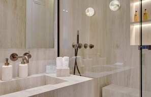 Shower, hair dryer, shampoo