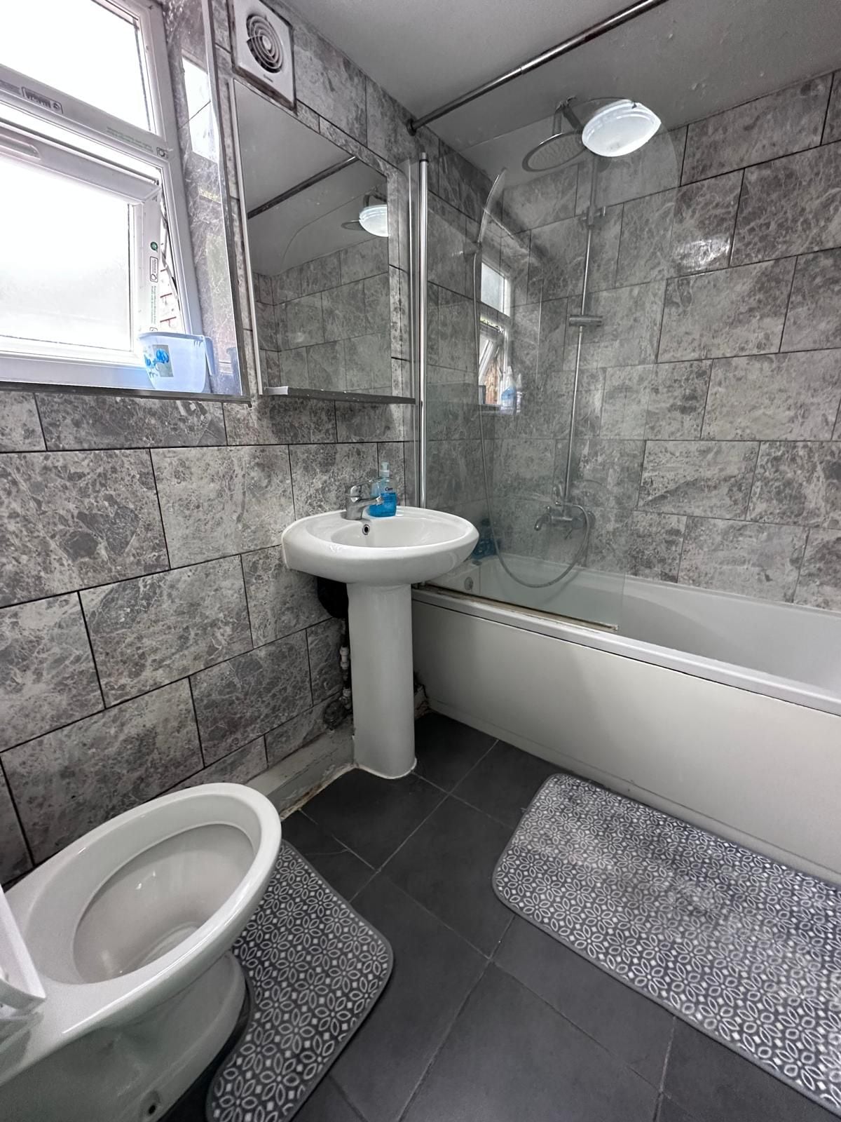 Un baño con inodoro, lavabo y zona de ducha.