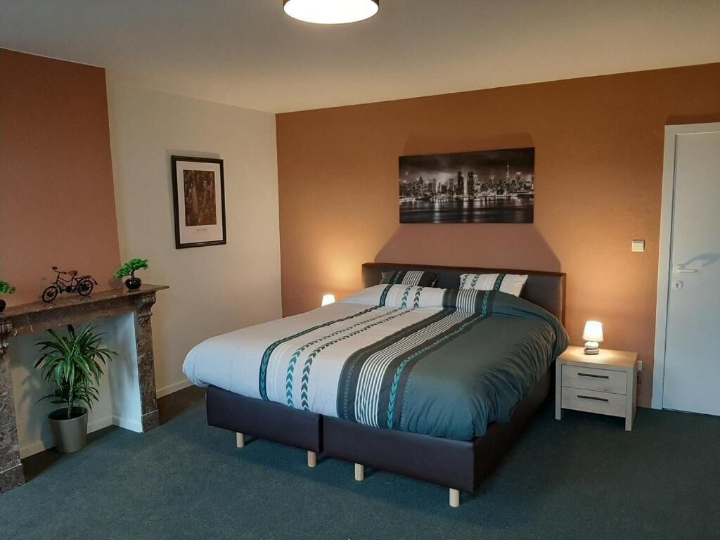 Een slaapkamer met een bed, nachtkastjes, een haard en een ingelijst schilderij aan de muur.