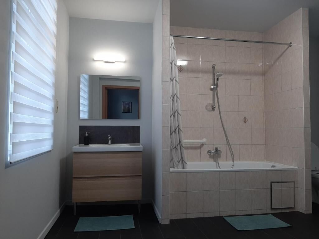 Un baño con ducha, lavamanos y espejo.