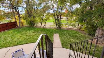 A backyard with a grassy lawn, a metal staircase, and a metal chair.