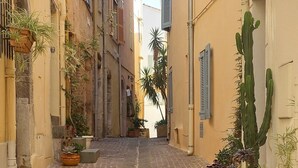 A cobblestone street flanked by buildings with shutters, potted plants, and a cactus. - Family apartment with swimming pool and sea view, quietly located with parking. (Cannes)