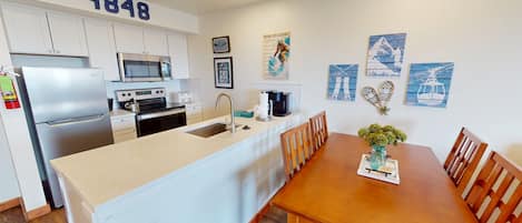 Fridge, microwave, oven, dishwasher