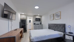 A compact hotel room with a bed, a desk, a TV, a kitchenette, and a bathroom. - Boutique Motel in Akron (Akron)