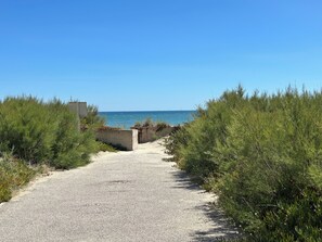 Ein Kiesweg führt zu einem Strand unter blauem Himmel.