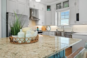 Fridge, microwave, oven, stovetop - Village West A-14 | Luxury 3BR Townhome w/ Ocean Views, Pool & Steps to Beach (Emerald Isle)