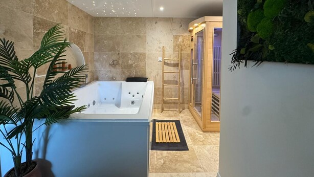A modern bathroom with a freestanding bathtub, a glass-enclosed shower, and a potted plant. - Wellness Suite with Jacuzzi & Sauna, Premium Comfort in City Center (Quimper)