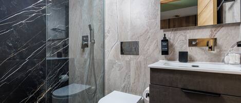 A modern bathroom with a glass-enclosed shower, a toilet, and a vanity with a mirror and sink.