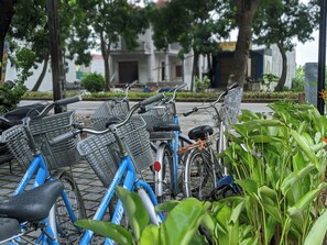 Una hilera de bicicletas estacionadas en un área pavimentada, con zonas verdes y edificios al fondo.