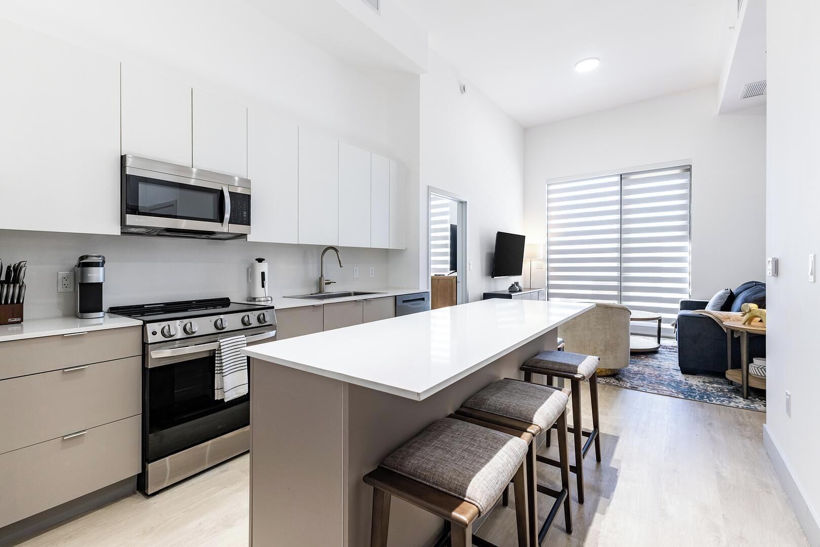 Fridge, dining tables