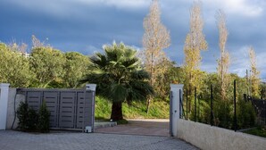 A gated entrance with a palm tree, a paved driveway, and a fence. - Stromboli Sunset with shared pool (Villaggio del Golfo)