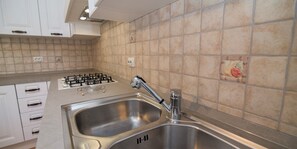 Fridge, oven, stovetop, cookware/dishes/utensils