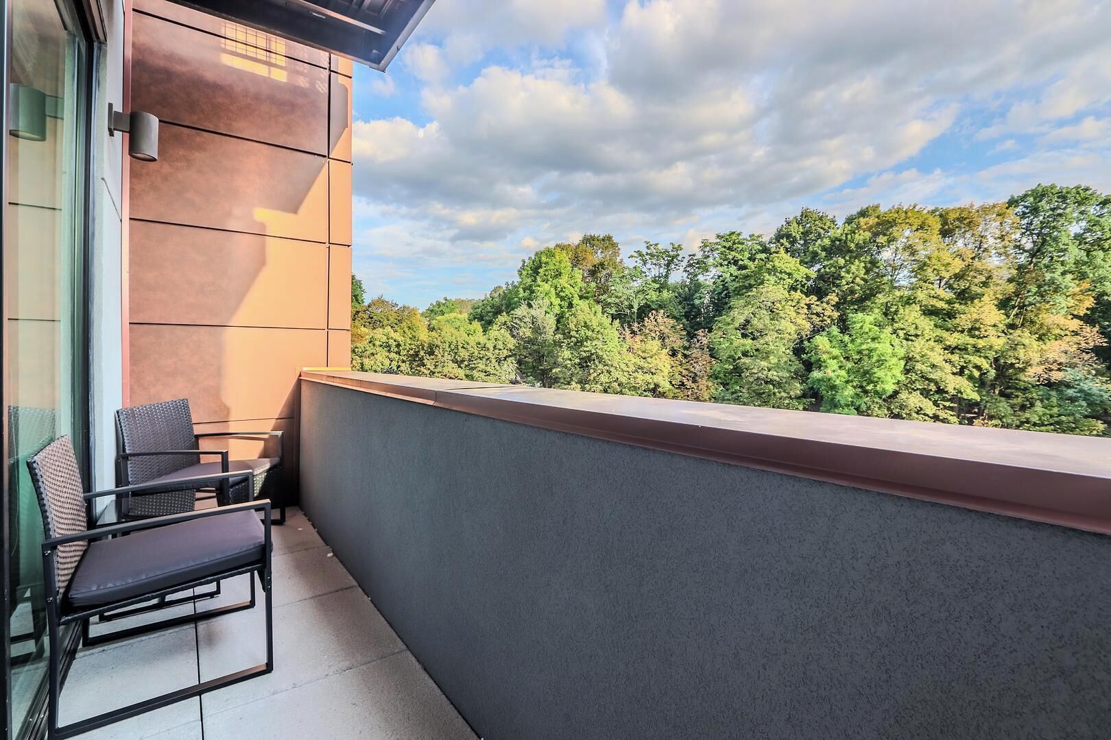 A balcony with a view of trees and a clear sky.