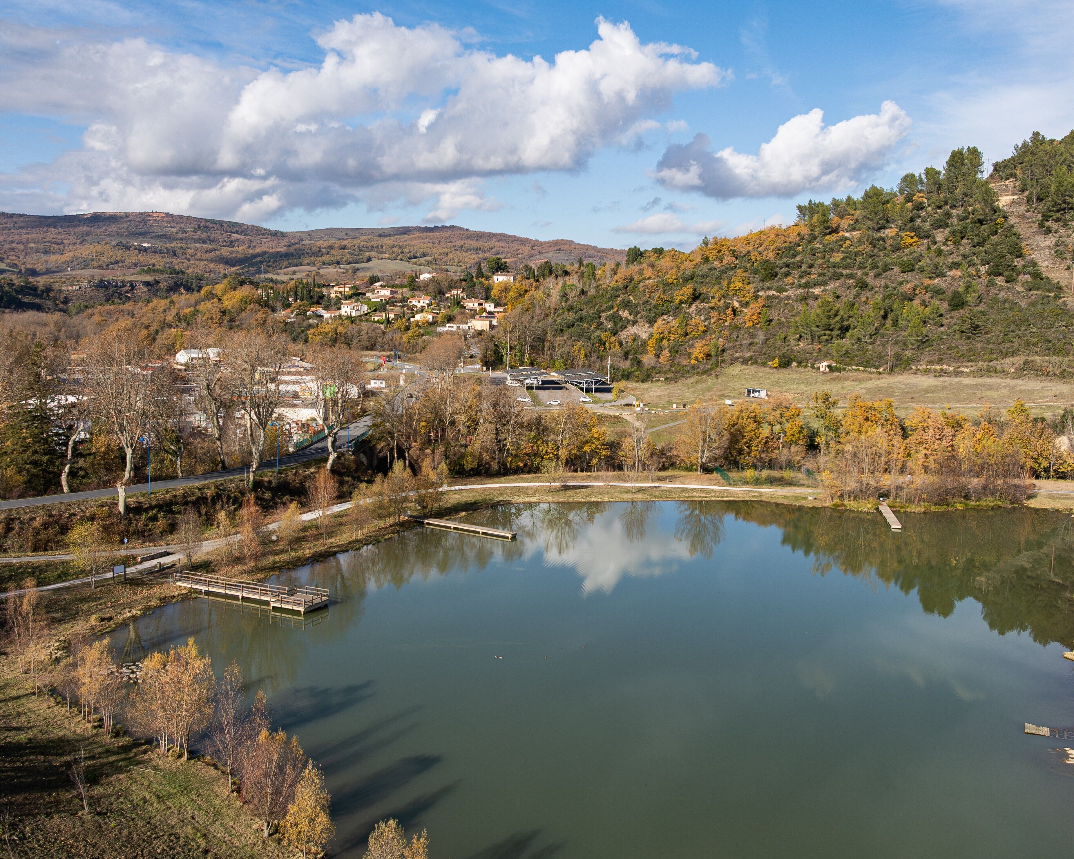 A lake with a dock, surrounded by trees and a small village with houses and a road.