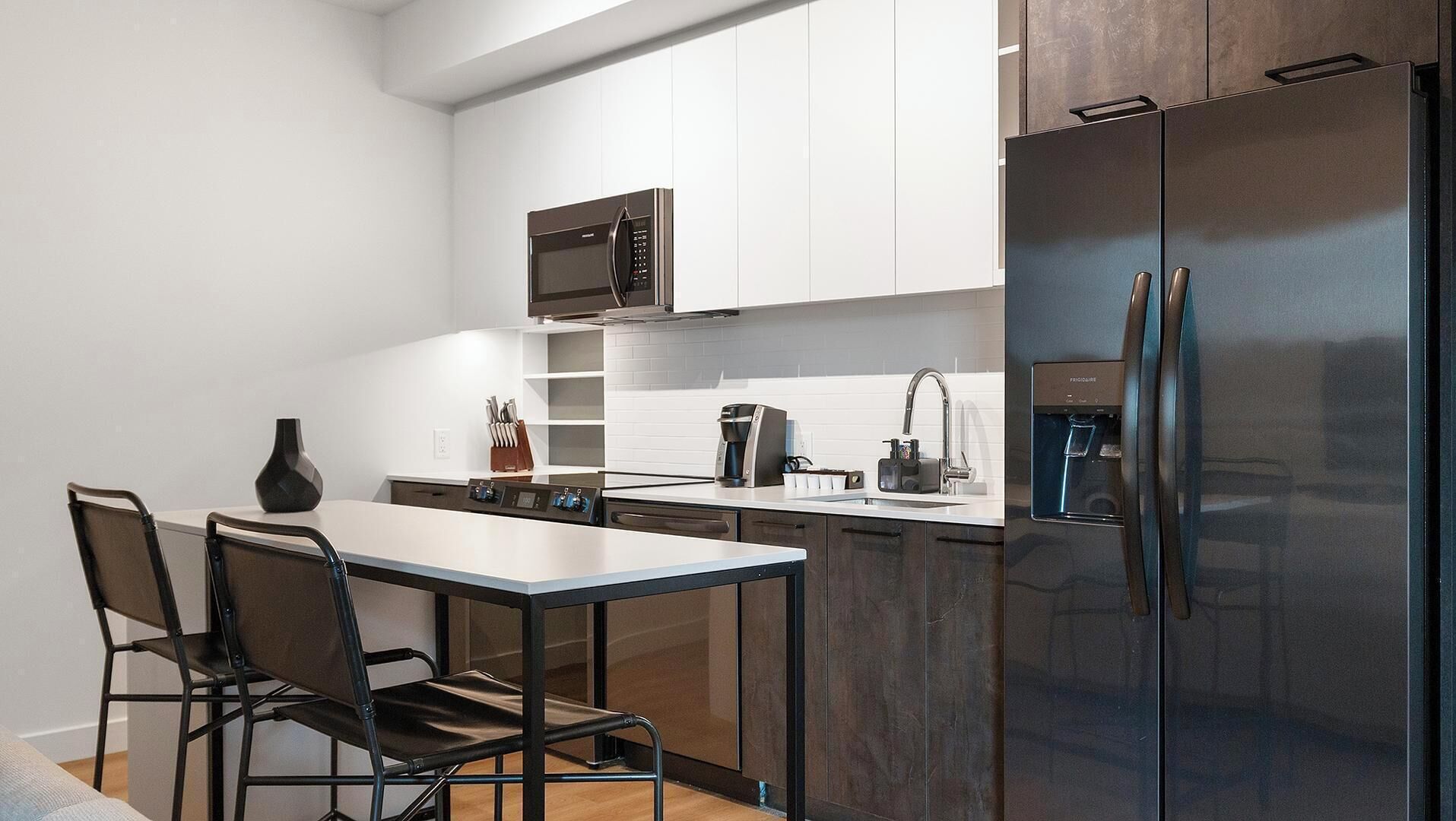 Fridge, dining tables