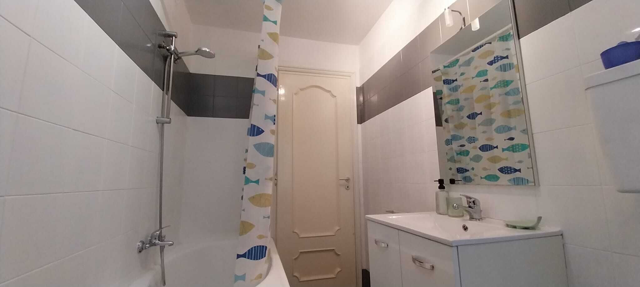 Une salle de bain avec une douche, un lavabo et un miroir.
