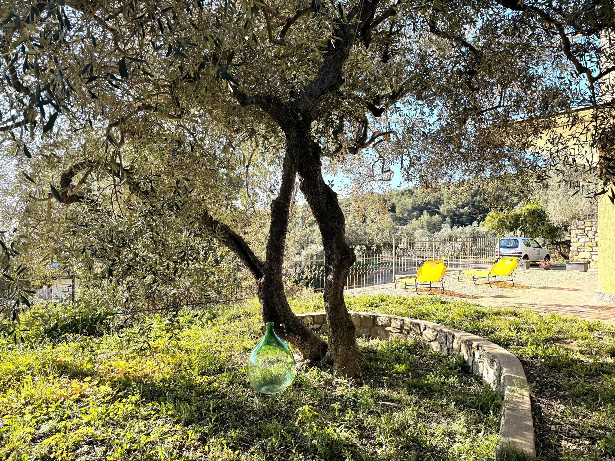 A tree-lined area with a stone wall and a parked car.