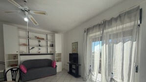Un salon avec un canapé gris, des étagères blanches, un ventilateur de plafond et un téléviseur.