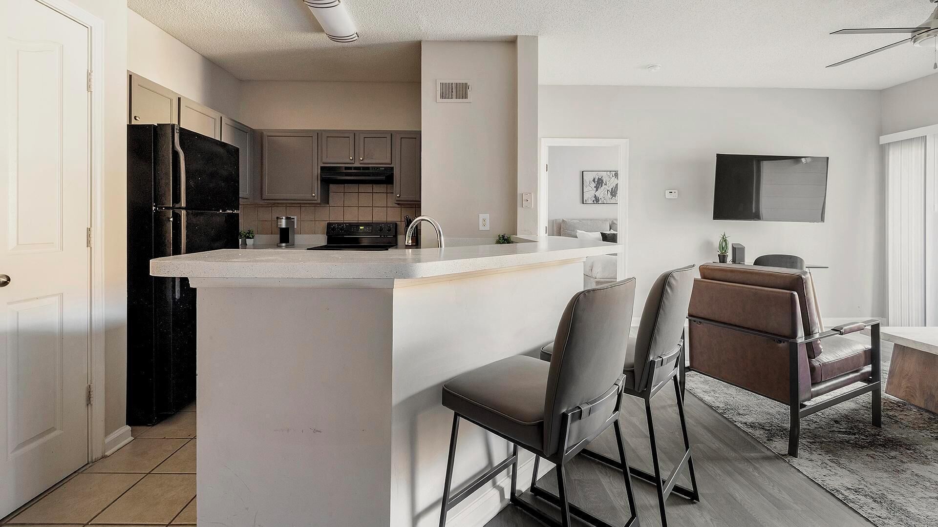 Fridge, dining table