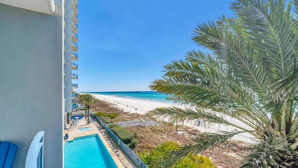 A balcony with a view of a beach, a swimming pool, and a palm tree. - Sterling Breeze 307 (Panama City Beach)