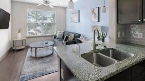 A modern kitchen with granite countertops and a stainless steel sink. - Landing | Stunning 1BD, Clubhouse, Gym (Houston)