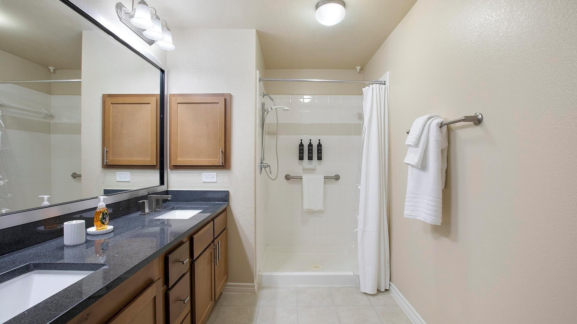 Une salle de bain avec une douche, un lavabo et un miroir.