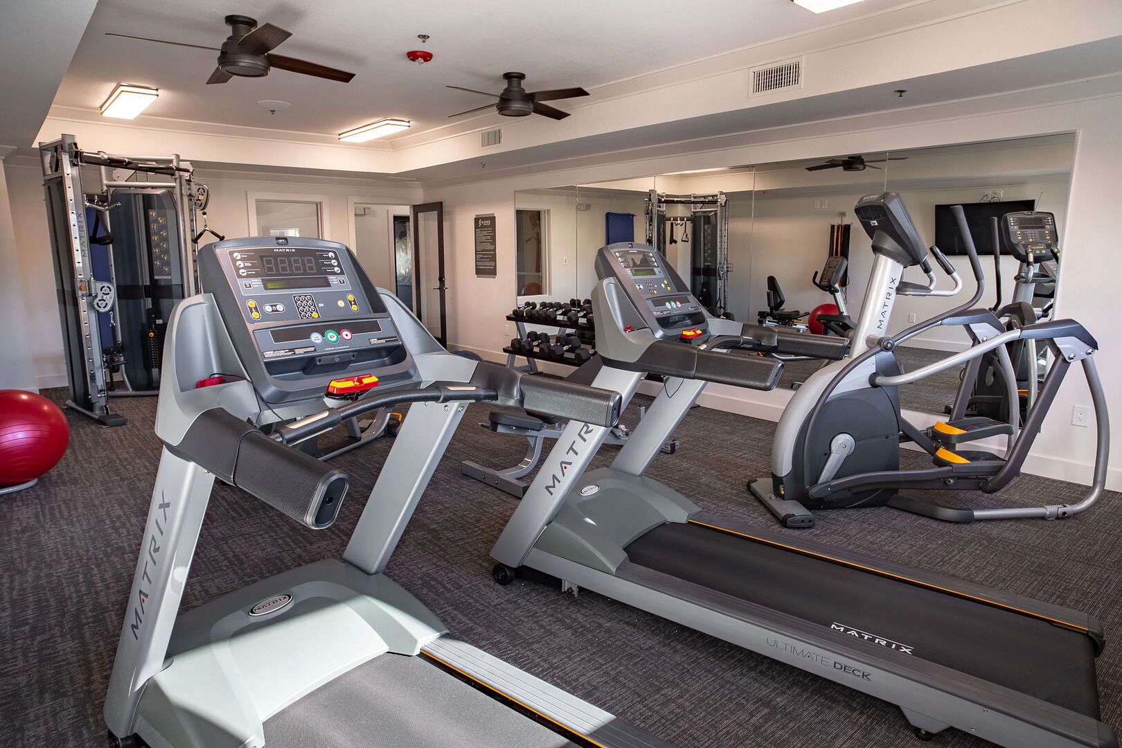 Een fitnessruimte met loopbanden, een hometrainer en losse gewichten.