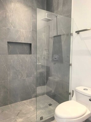 Shower, free toiletries, towels