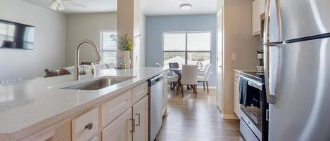 Fridge, dining table